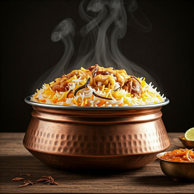 "Steaming hot biryani served in a hammered copper pot, topped with pieces of meat and garnished with fried onions, alongside a bowl of pickle and lime wedge on a wooden table.