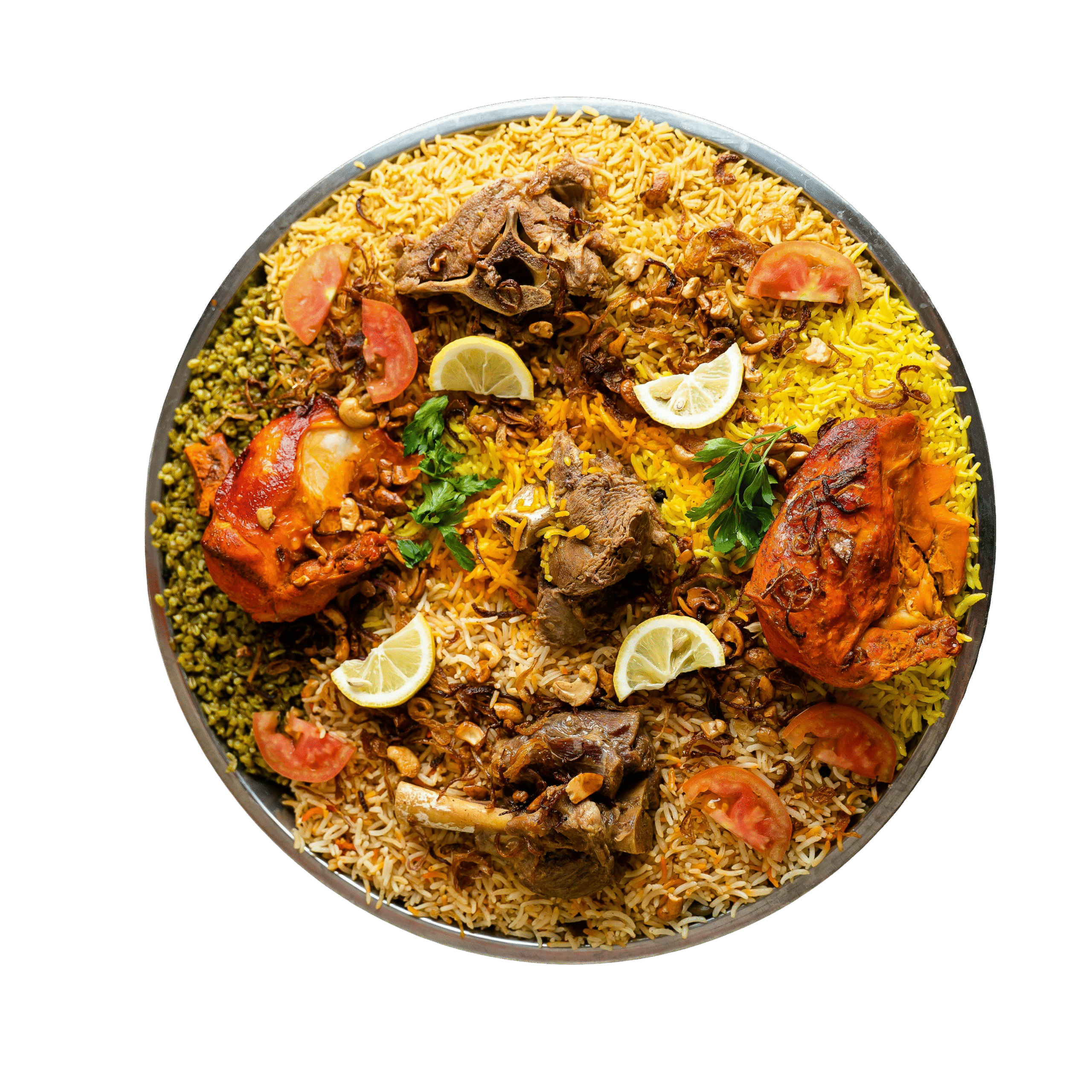 “A large platter of mandhi rice with roasted chicken, lamb pieces, fried onions, nuts, lemon slices, tomatoes, and herbs.”