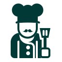 "Icon of a chef with a mustache wearing a chef’s hat and holding a spatula, representing restaurant or cooking services.